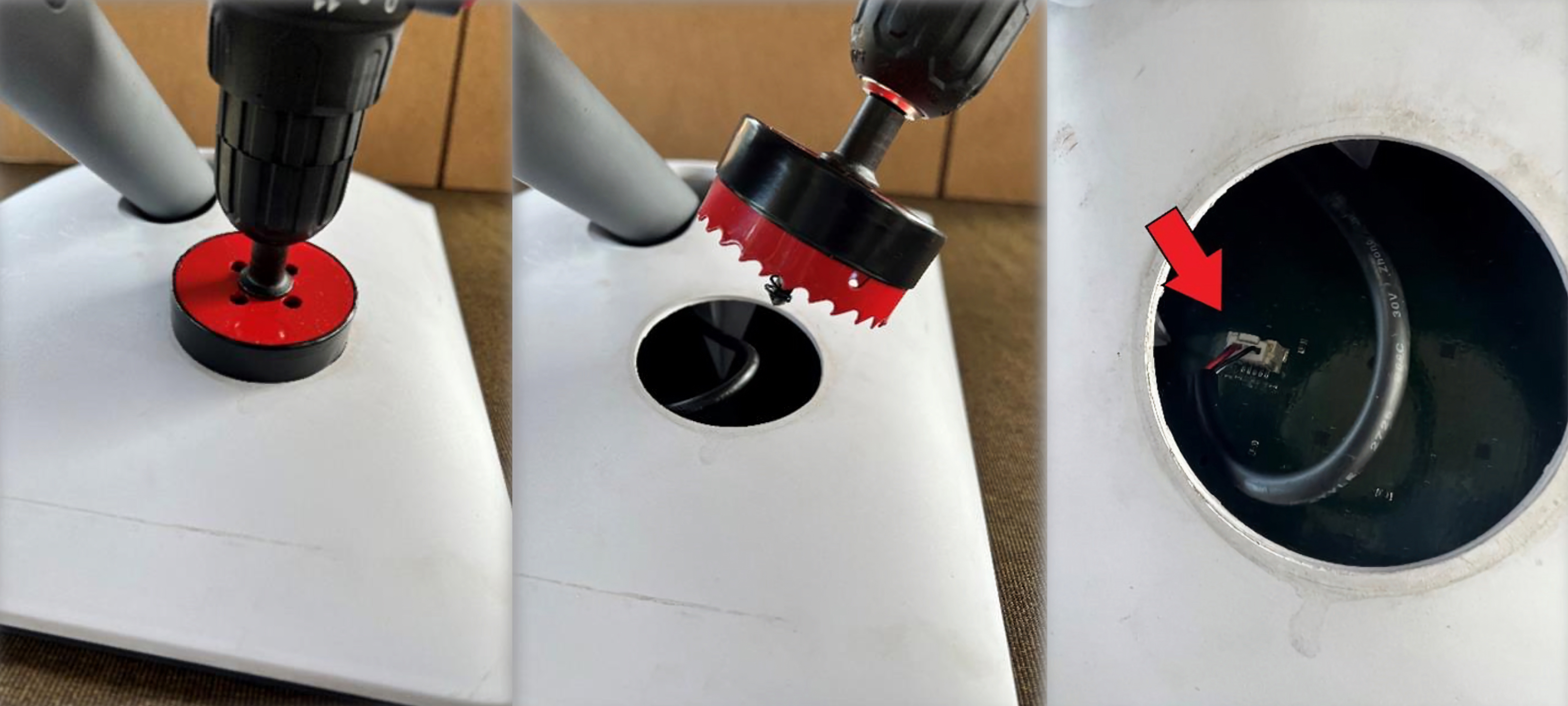 Some of the steps to drill a hole and remove the power for the Starlink Dishy positioning motors.